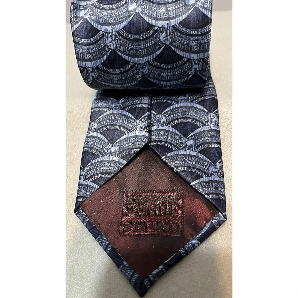 Gianfranco Ferre Studio‎ Silk Tie Elephant Arch Made In Italy Blue Gray Necktie